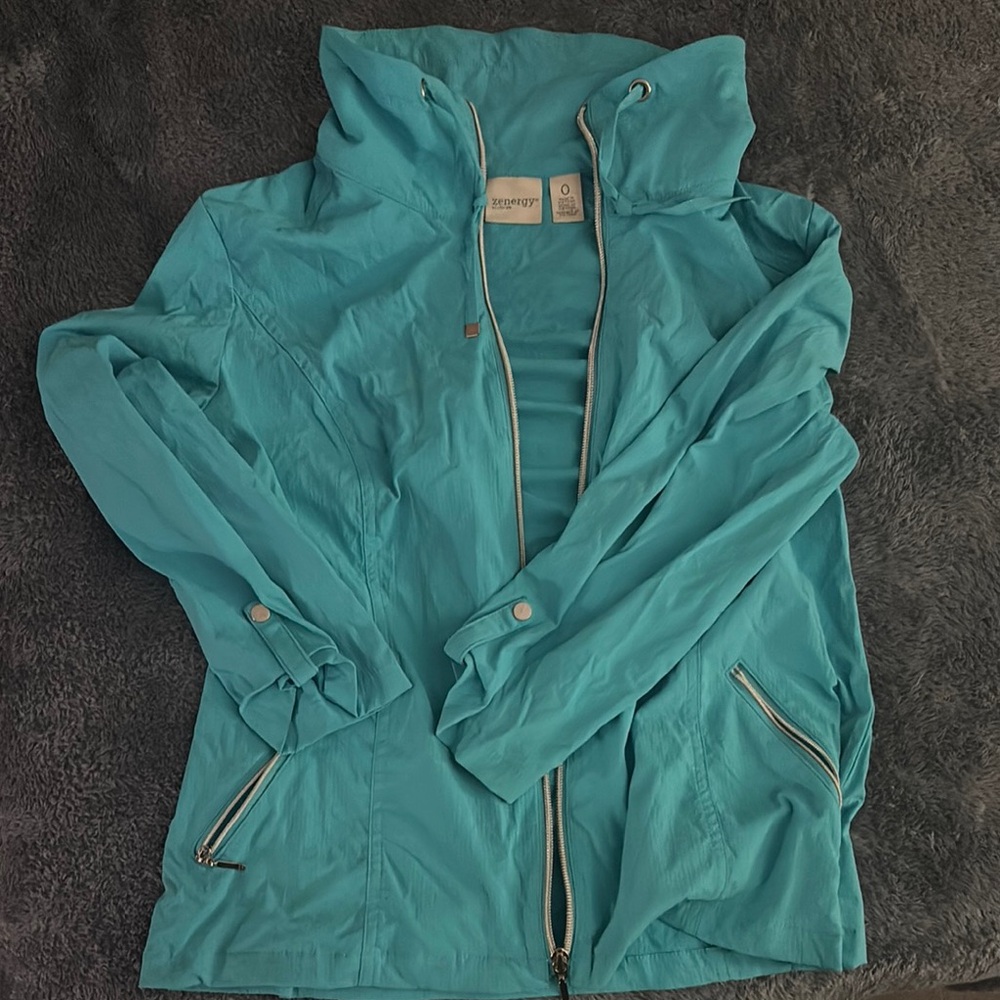 Blue Utility Jacket with Full-Length Zipper and Standing Collar